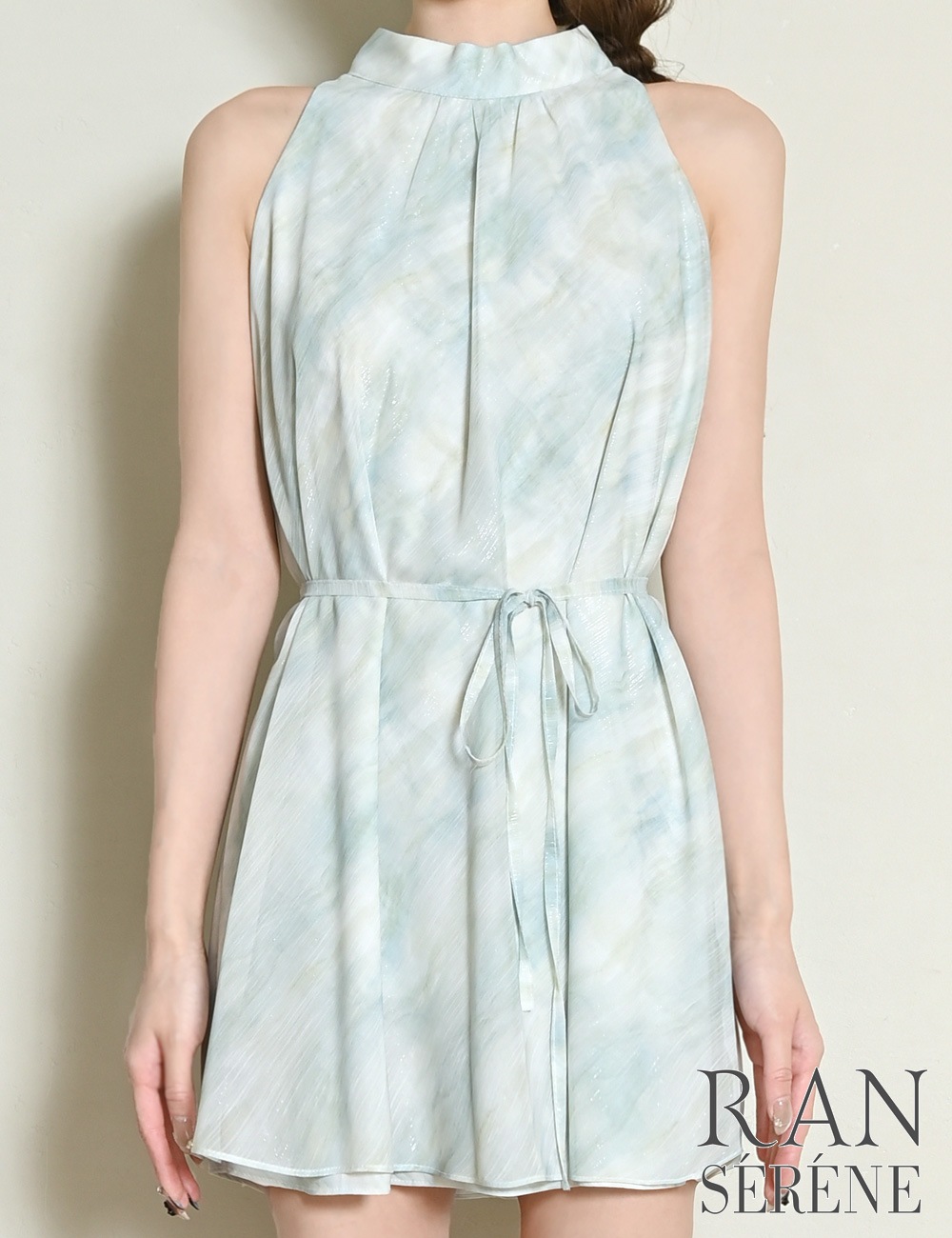 [即納][instock]【RANSERENE】ミニ/ドレス/ワンピース/グリーン/ミント/ホルターネック/フレア/タイダイ/リボン