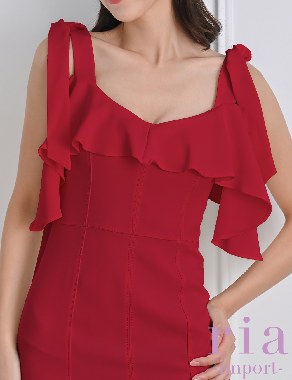 【ria】丈長/ドレス/ワンピース/タイト/レッド/リボン/オフショル/2way/フリル