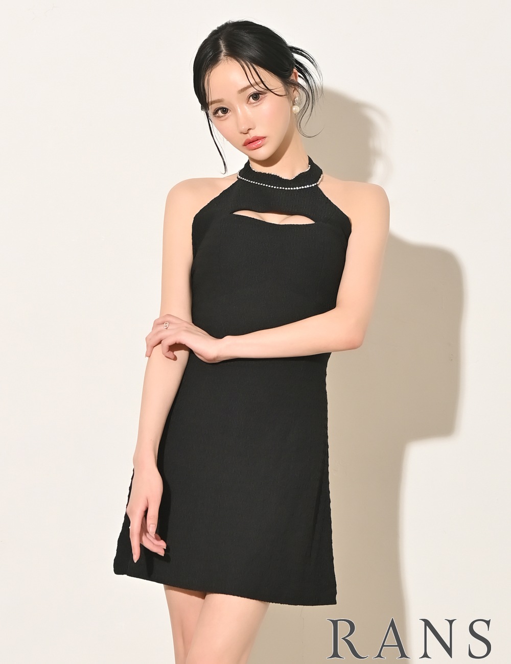 [即納][instock]【RANS】ミニ/ドレス/ワンピース/フレア/ブラック/ハイネック/リボン