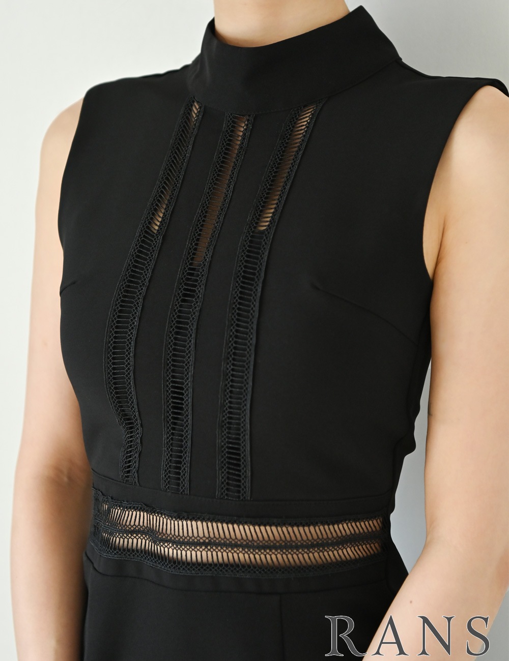 [Mのみ即納][instock]【RANS】ミニ/ドレス/ワンピース/タイト/ブラック/ハイネック/レース