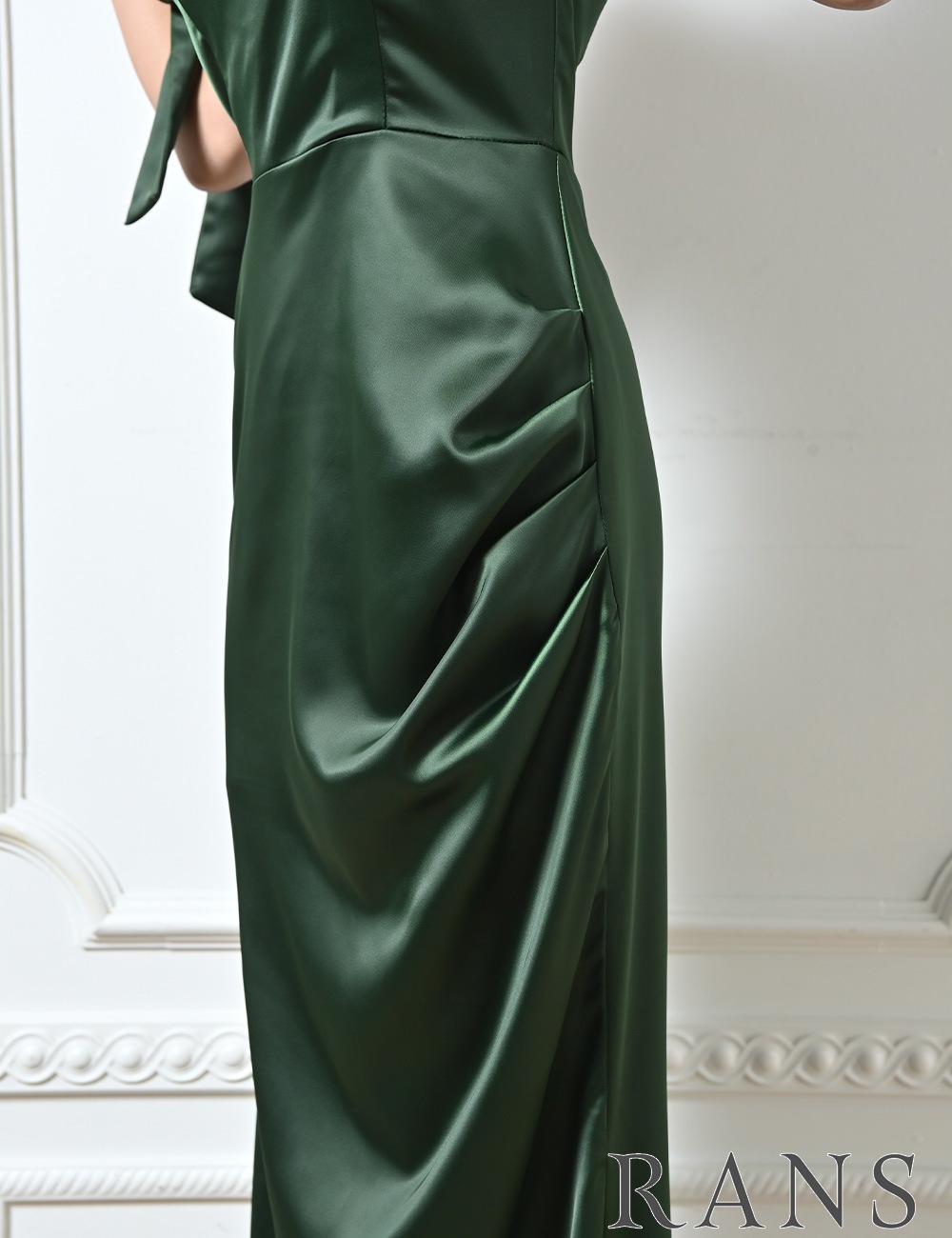 [即納][instock]【RANS】ロング/ドレス/ワンピース/グリーン/ワンショル/タイト/サテン/リボン