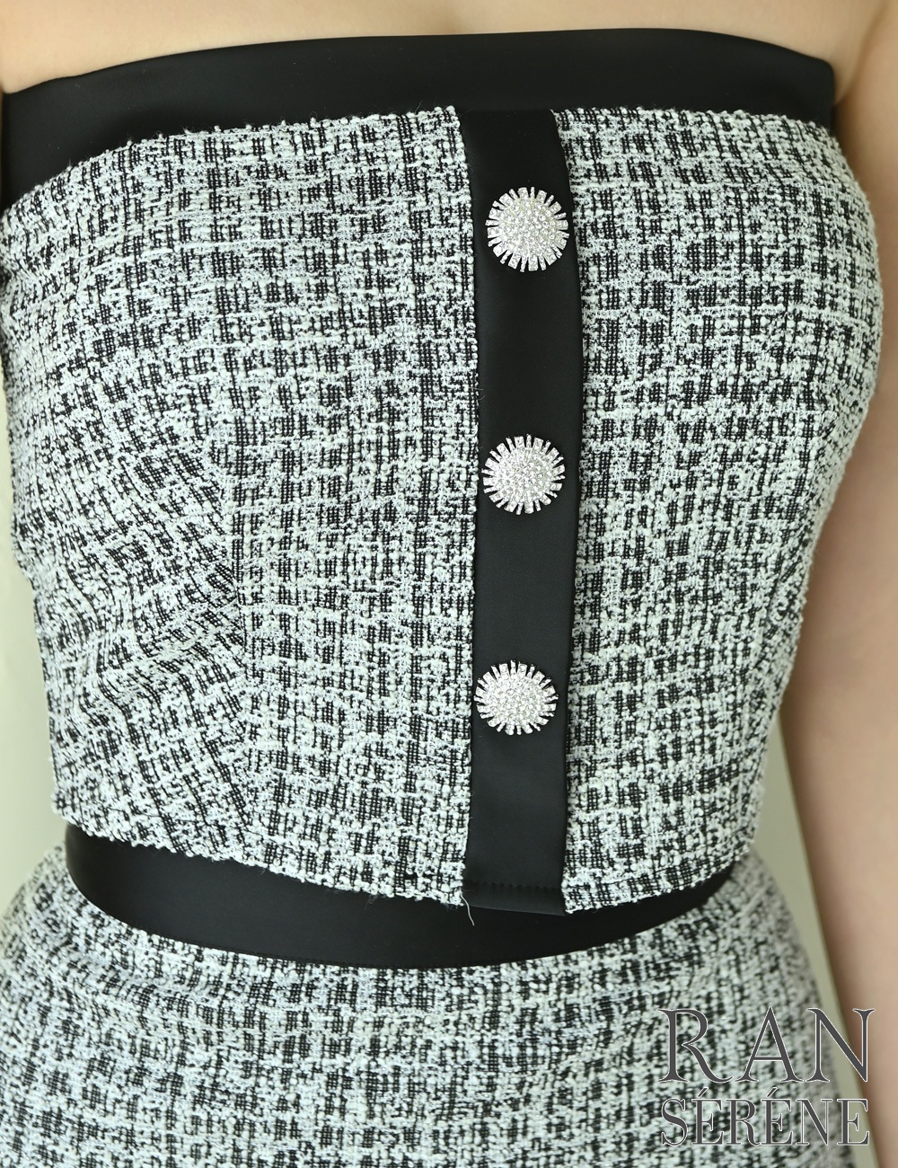 [Sのみ即納][instock]【RANSERENE】ミニ/ドレス/セットアップ/ブラック/ベア/フレア/ツイード/柄/チェック