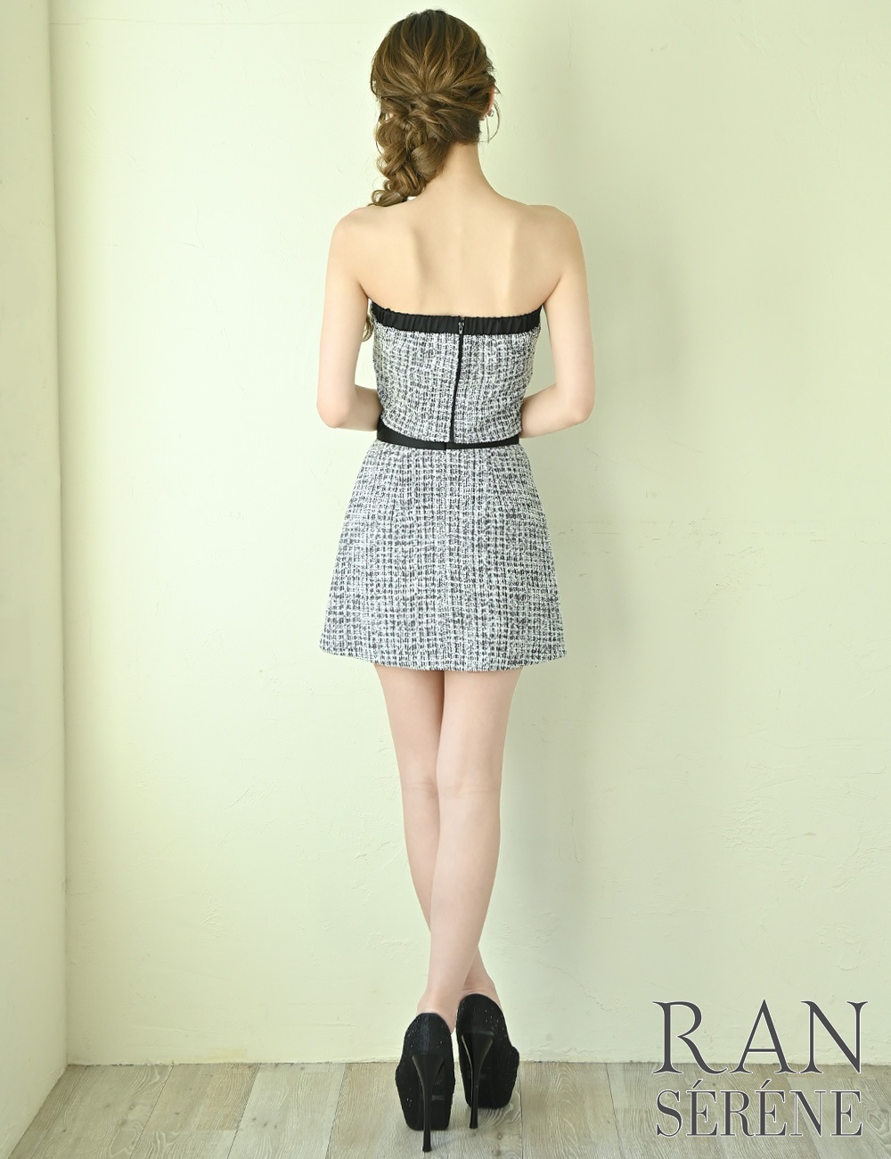 [Sのみ即納][instock]【RANSERENE】ミニ/ドレス/セットアップ/ブラック/ベア/フレア/ツイード/柄/チェック