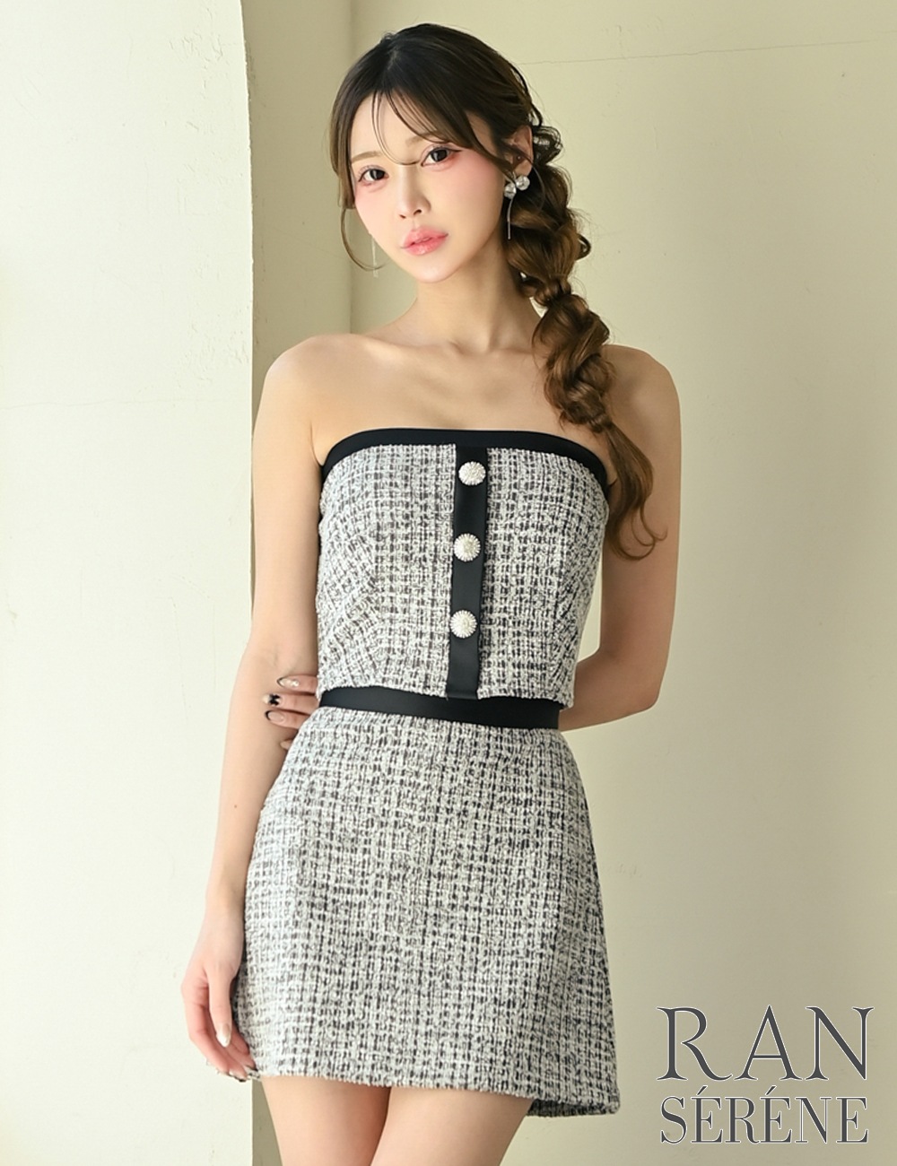 [Sのみ即納][instock]【RANSERENE】ミニ/ドレス/セットアップ/ブラック/ベア/フレア/ツイード/柄/チェック