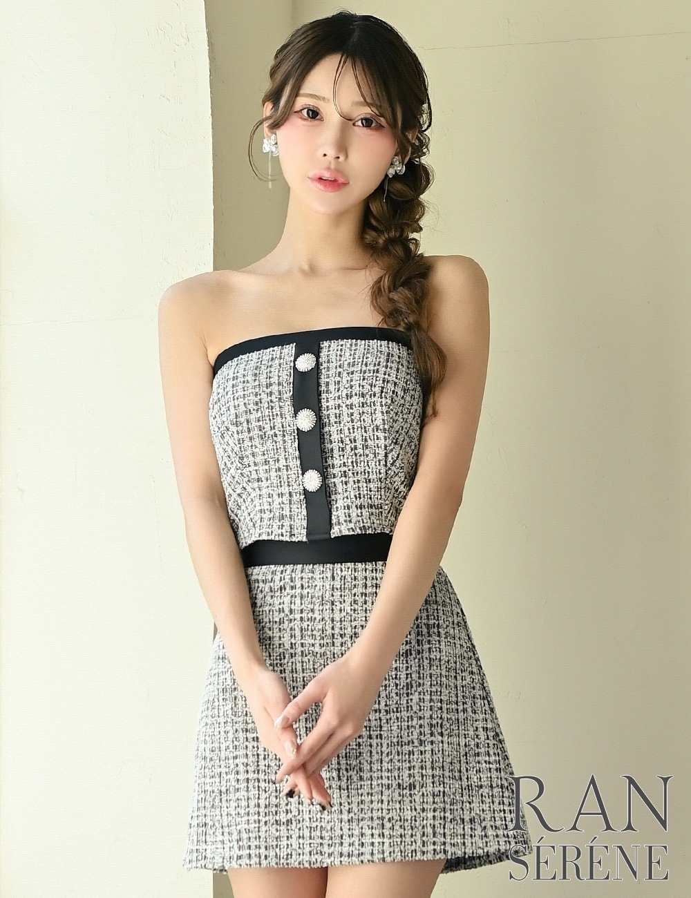 [Sのみ即納][instock]【RANSERENE】ミニ/ドレス/セットアップ/ブラック/ベア/フレア/ツイード/柄/チェック