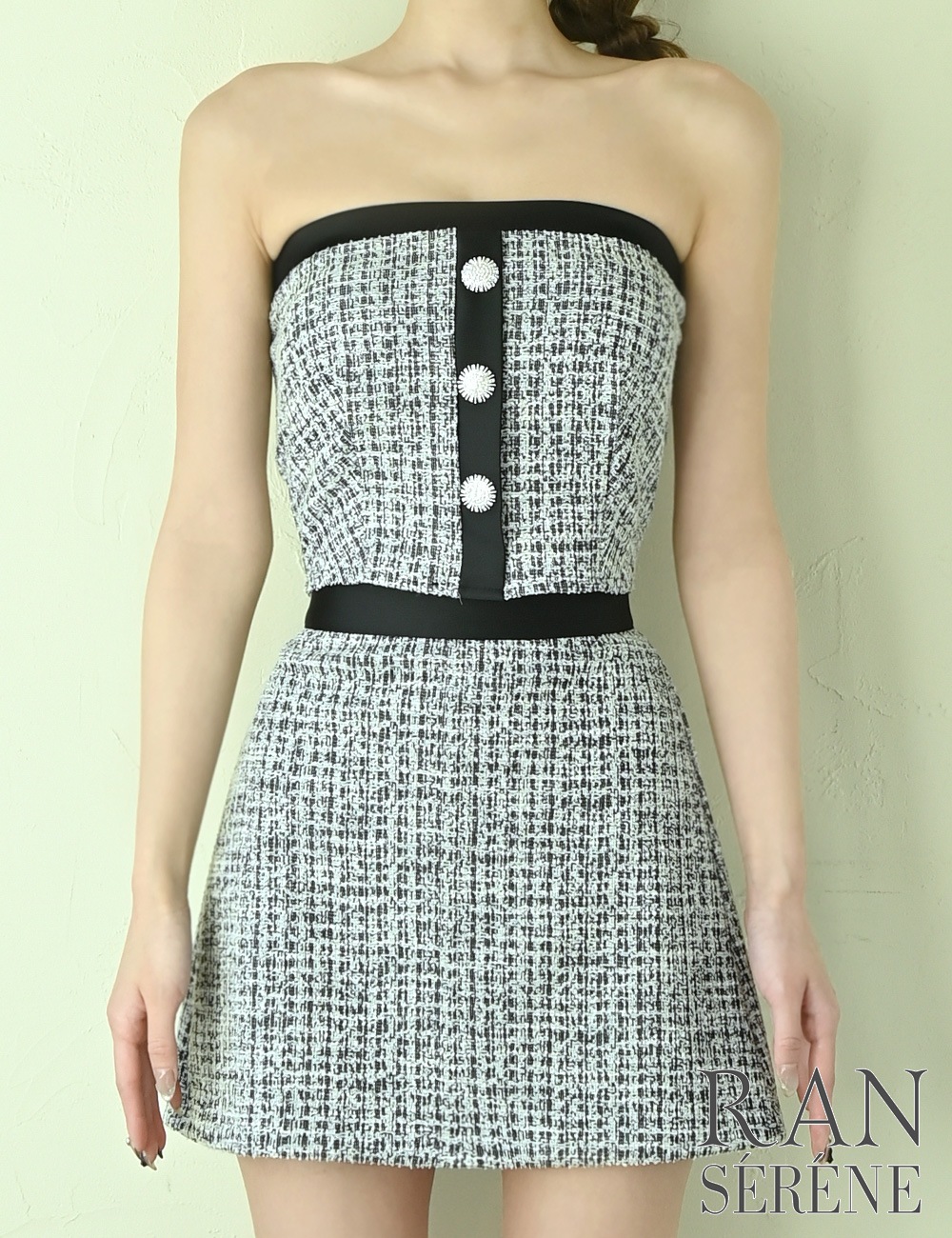 [Sのみ即納][instock]【RANSERENE】ミニ/ドレス/セットアップ/ブラック/ベア/フレア/ツイード/柄/チェック