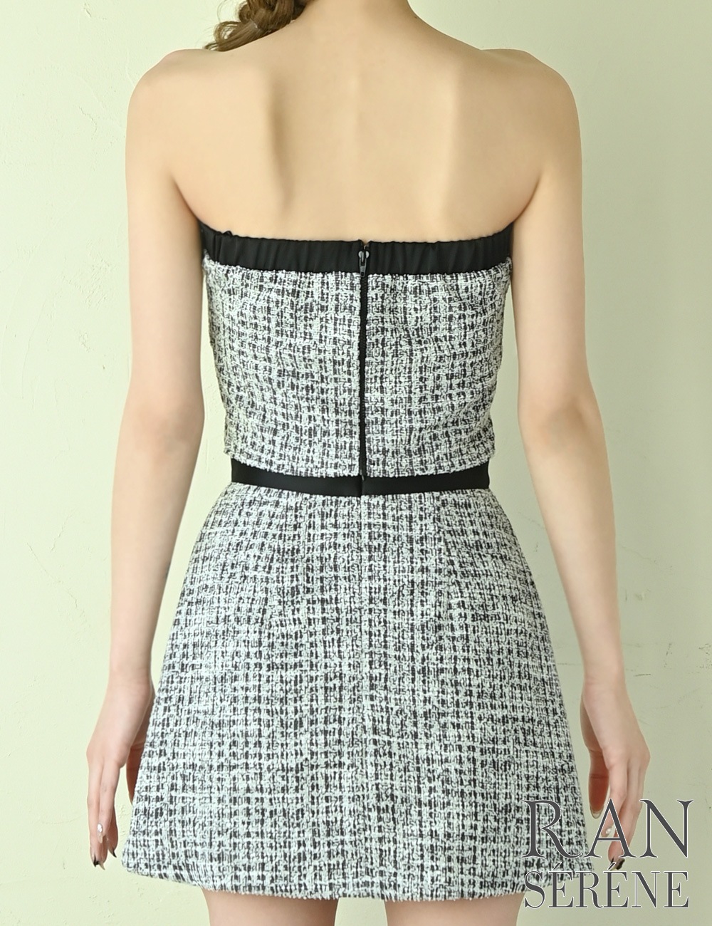 [Sのみ即納][instock]【RANSERENE】ミニ/ドレス/セットアップ/ブラック/ベア/フレア/ツイード/柄/チェック