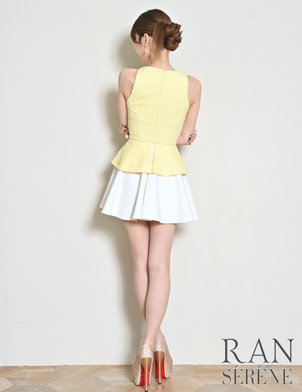 [即納][instock]【RAN SERENE】ミニ/ドレス/ワンピース/イエロー/フレア/レイヤード風/柄/ツイード/ベルト