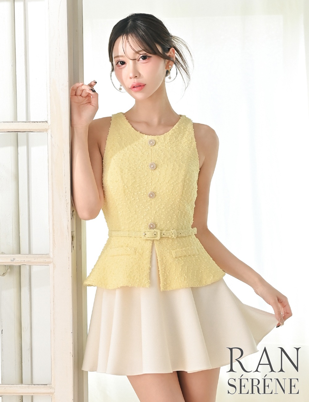 [即納][instock]【RAN SERENE】ミニ/ドレス/ワンピース/イエロー/フレア/レイヤード風/柄/ツイード/ベルト