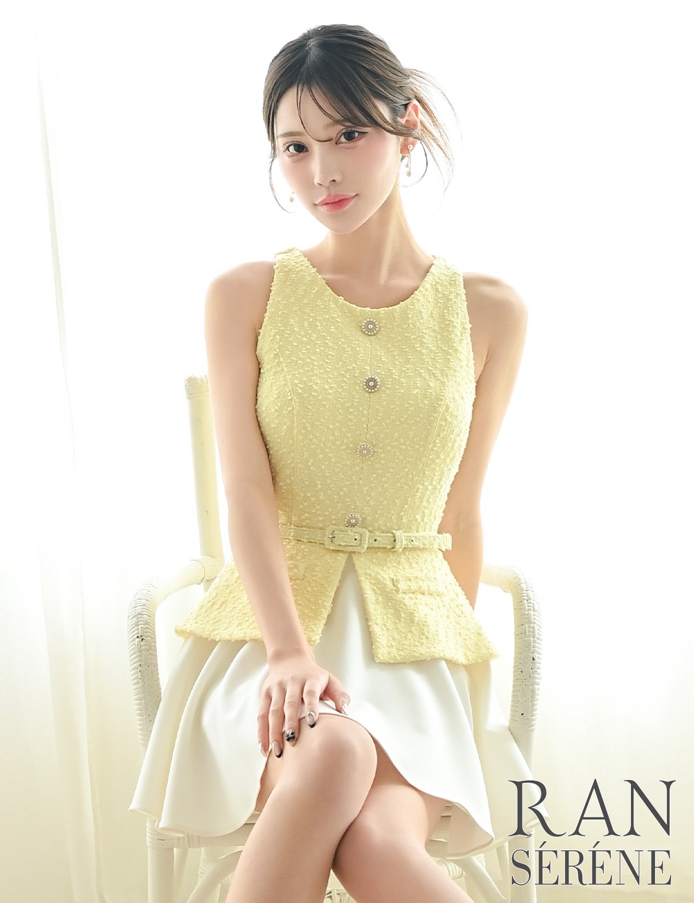 [即納][instock]【RAN SERENE】ミニ/ドレス/ワンピース/イエロー/フレア/レイヤード風/柄/ツイード/ベルト