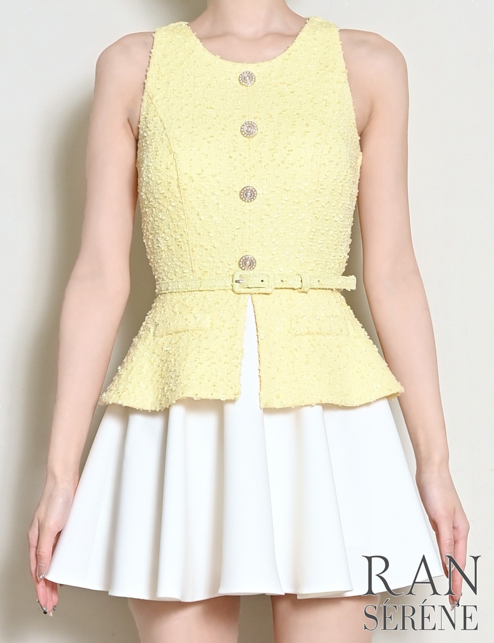 [即納][instock]【RAN SERENE】ミニ/ドレス/ワンピース/イエロー/フレア/レイヤード風/柄/ツイード/ベルト
