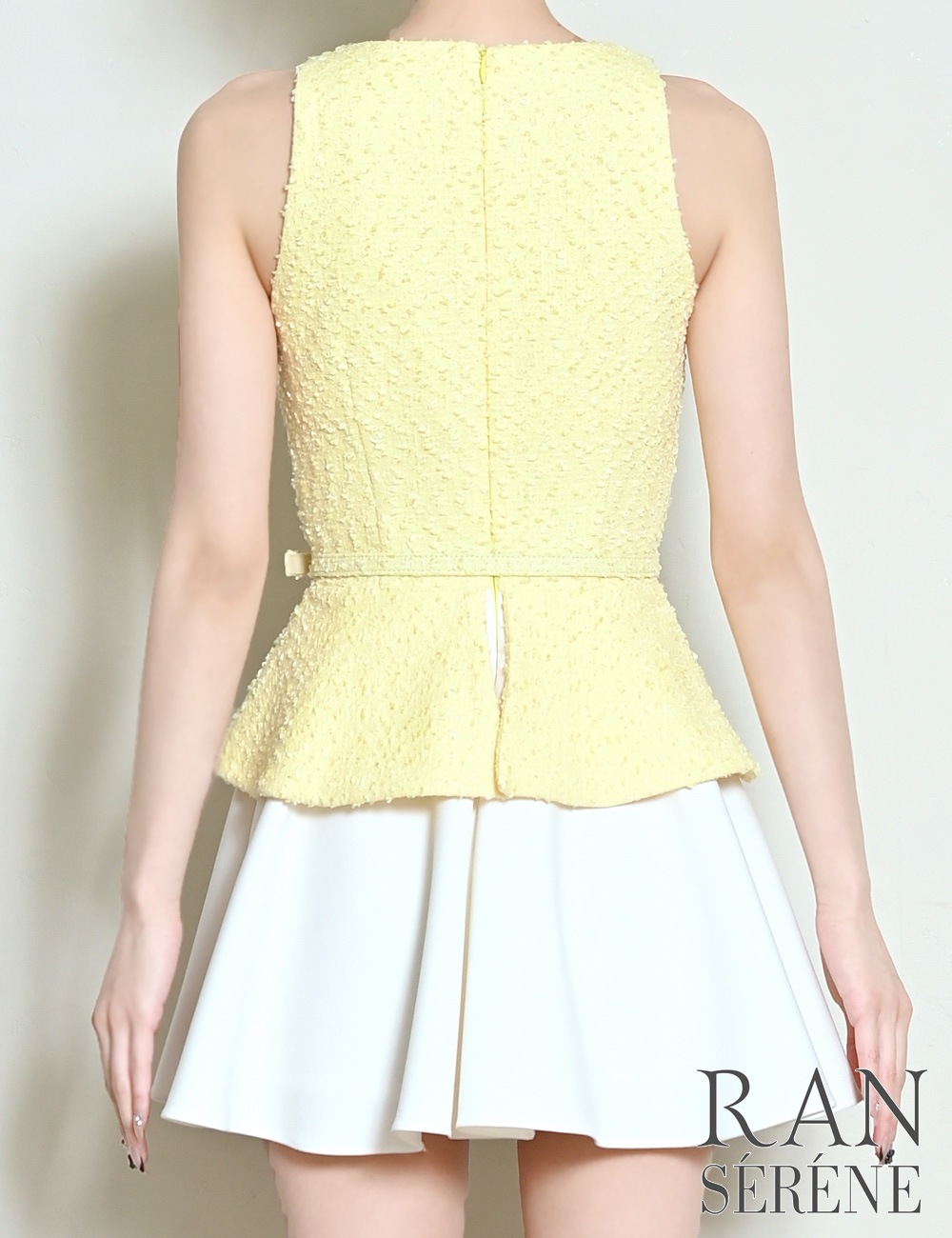 [即納][instock]【RAN SERENE】ミニ/ドレス/ワンピース/イエロー/フレア/レイヤード風/柄/ツイード/ベルト