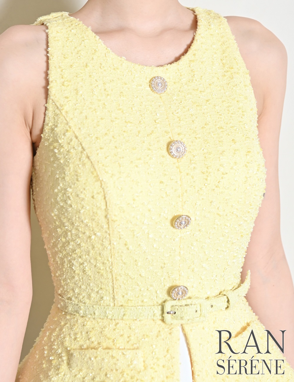 [即納][instock]【RAN SERENE】ミニ/ドレス/ワンピース/イエロー/フレア/レイヤード風/柄/ツイード/ベルト