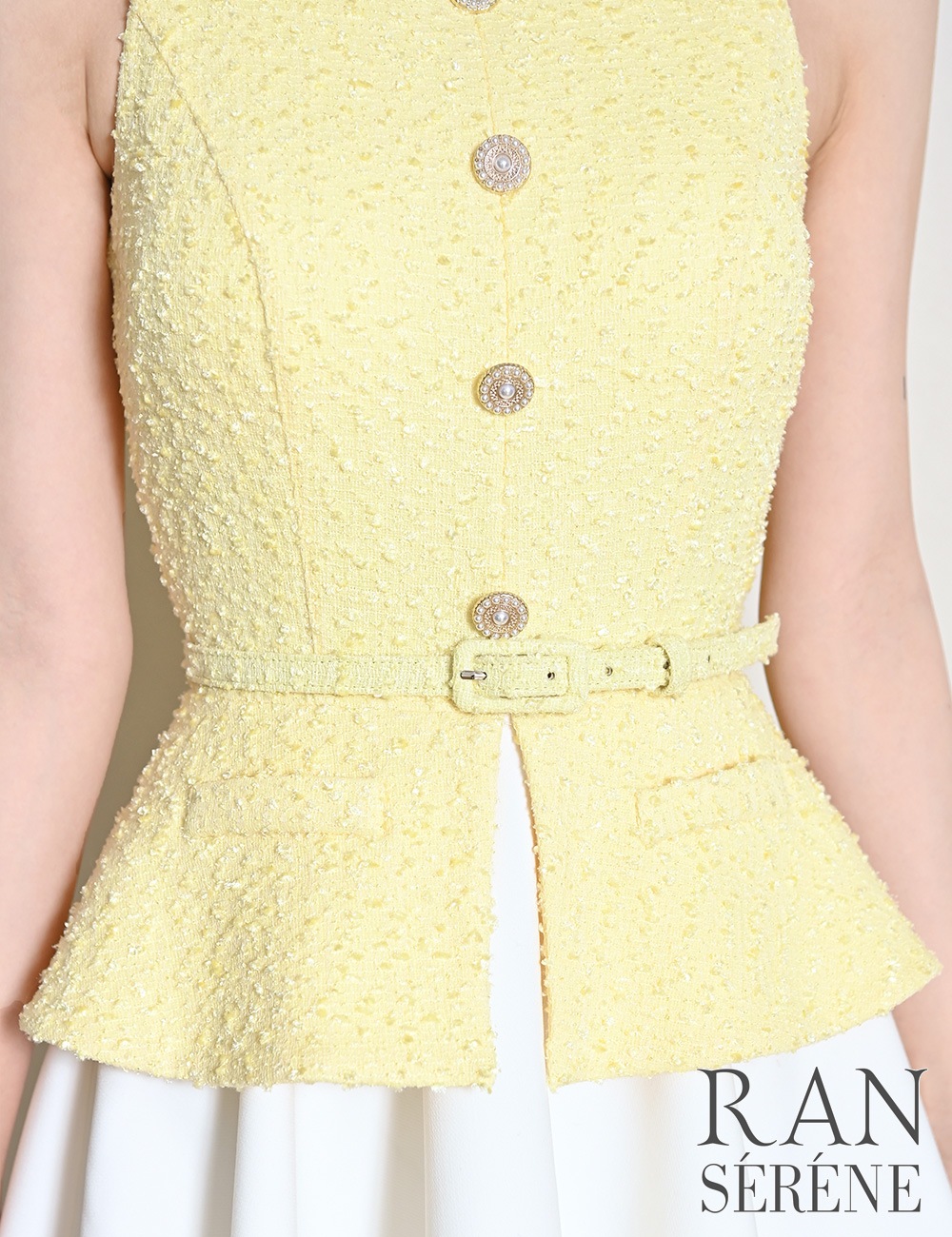 [即納][instock]【RAN SERENE】ミニ/ドレス/ワンピース/イエロー/フレア/レイヤード風/柄/ツイード/ベルト