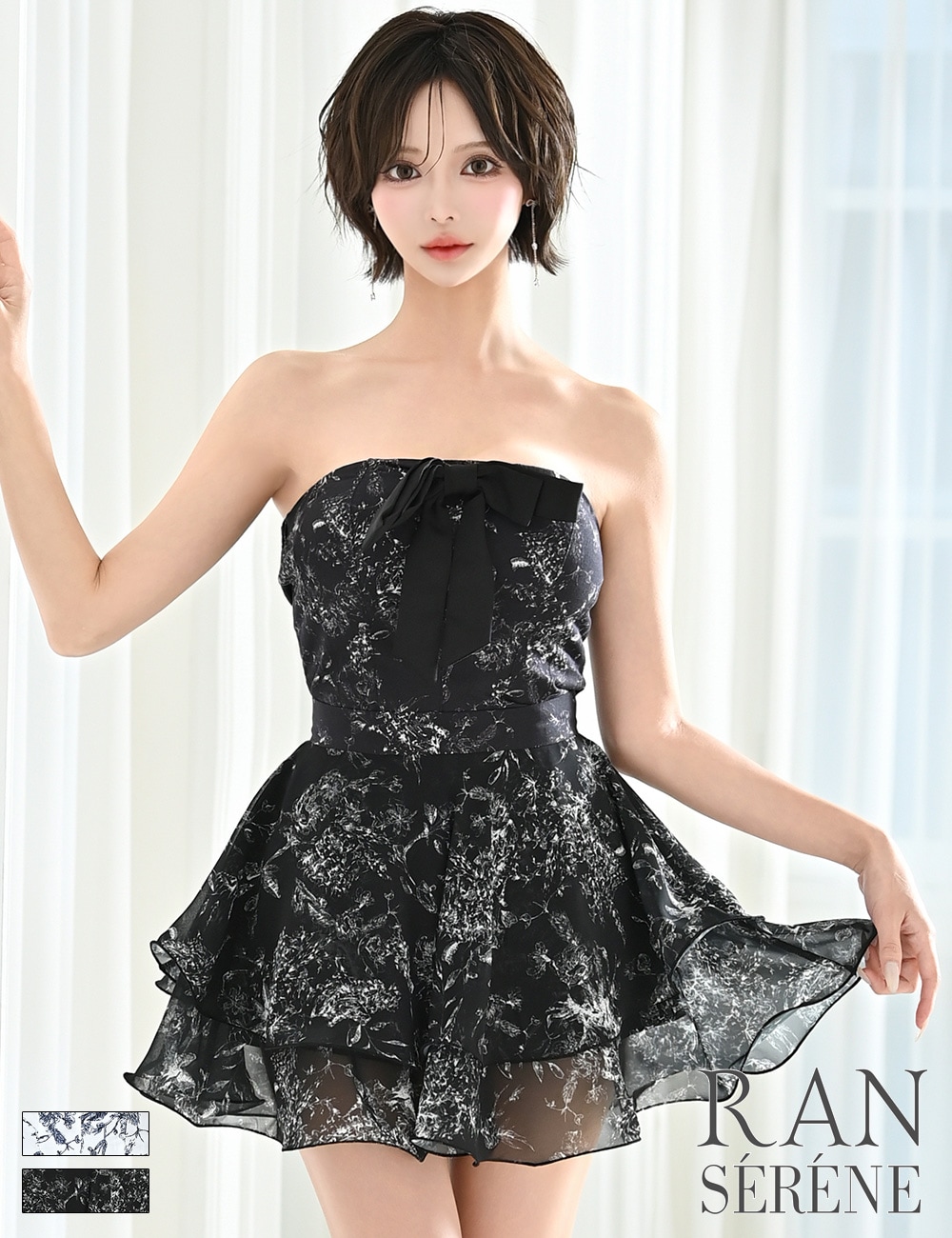 [即納][instock]【RAN SERENE】ミニ/ドレス/セットアップ/ブラック/ベア/フレア/リボン/柄