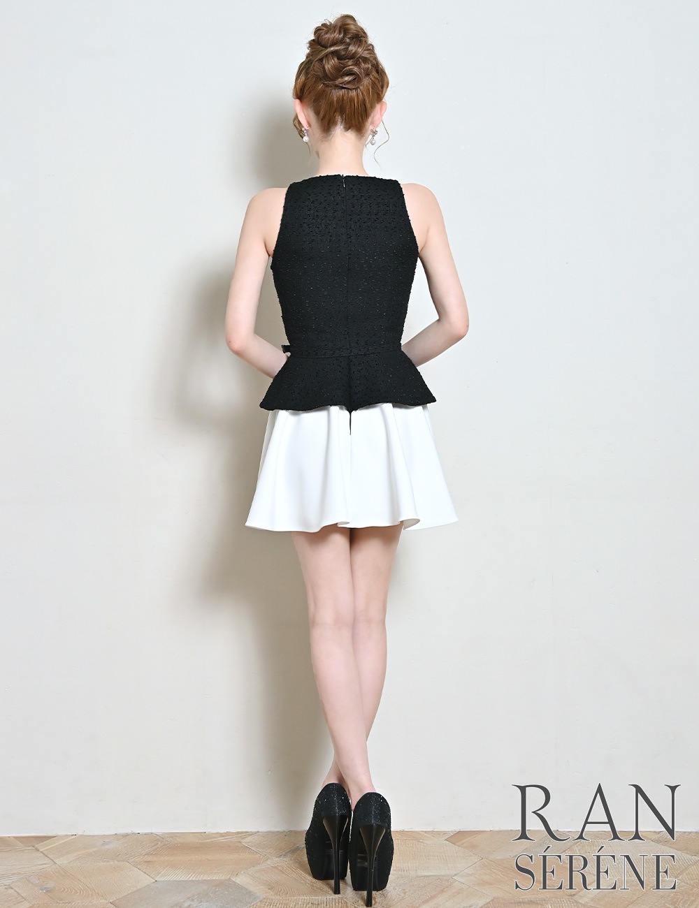 [即納][instock]【RAN SERENE】ミニ/ドレス/ワンピース/ブラック/フレア/レイヤード風/柄/ツイード/ベルト