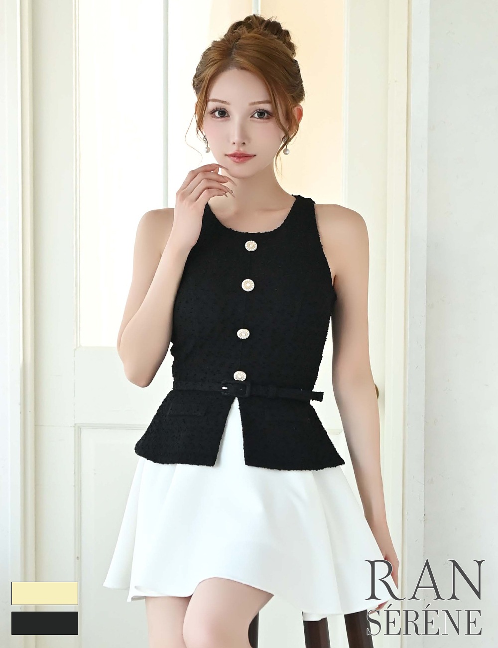 [即納][instock]【RAN SERENE】ミニ/ドレス/ワンピース/ブラック/フレア/レイヤード風/柄/ツイード/ベルト