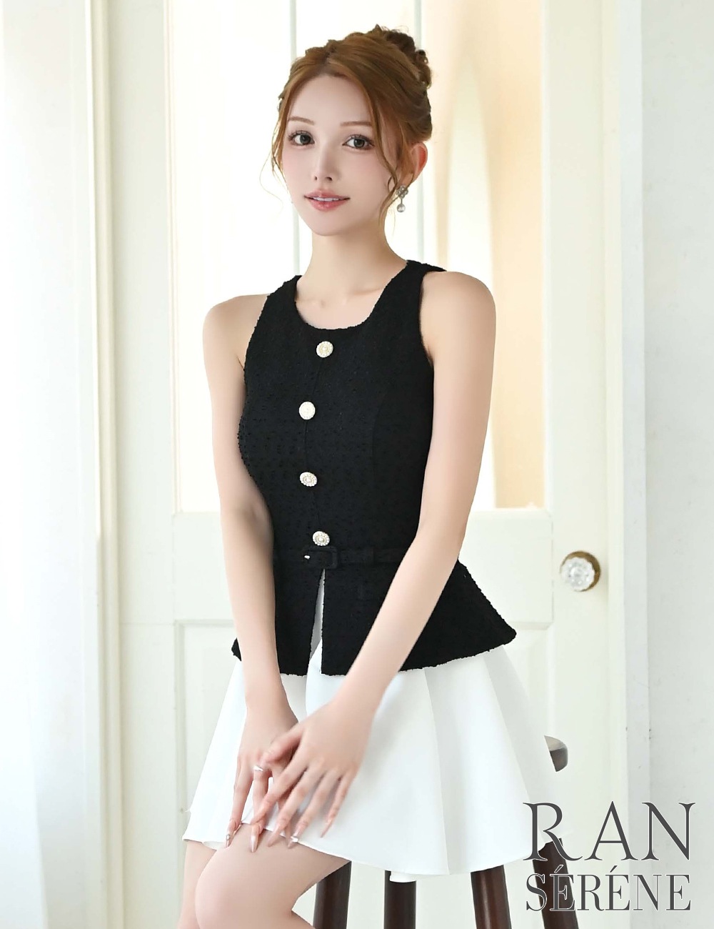 [即納][instock]【RAN SERENE】ミニ/ドレス/ワンピース/ブラック/フレア/レイヤード風/柄/ツイード/ベルト