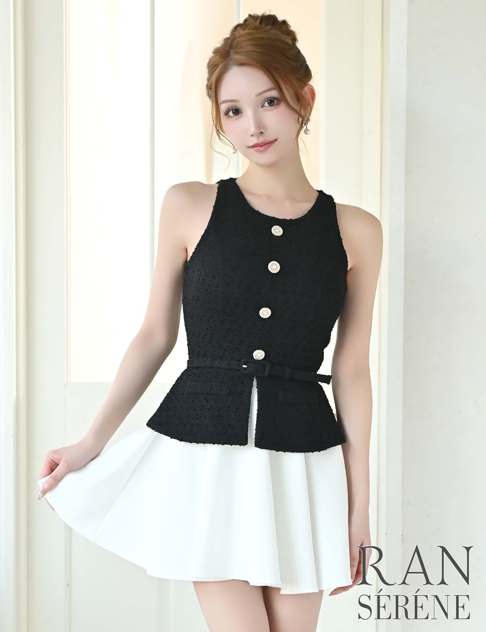 [即納][instock]【RAN SERENE】ミニ/ドレス/ワンピース/ブラック/フレア/レイヤード風/柄/ツイード/ベルト