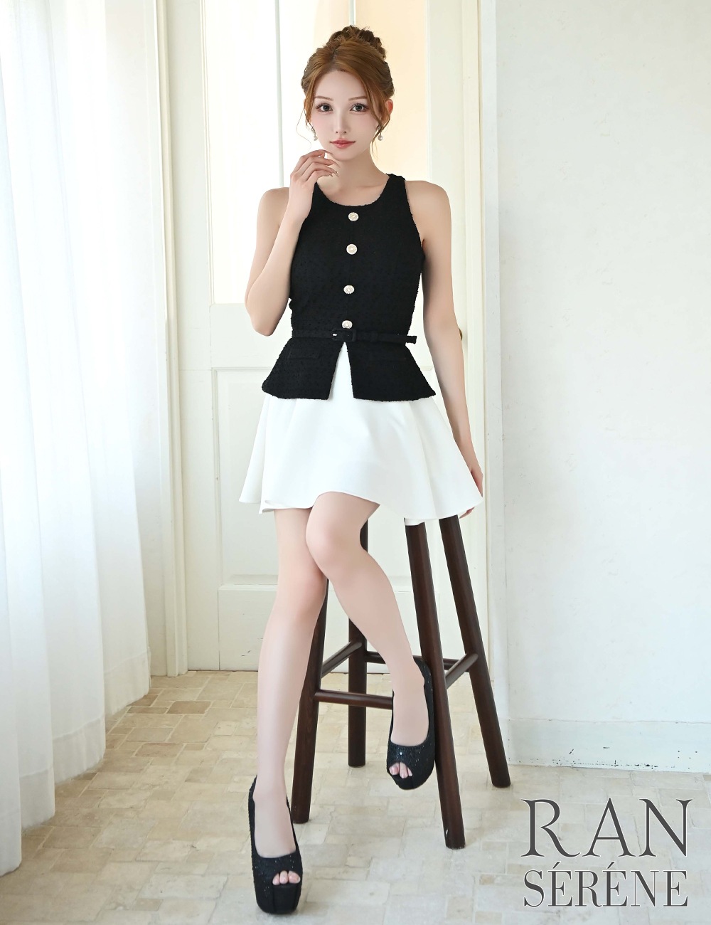 [即納][instock]【RAN SERENE】ミニ/ドレス/ワンピース/ブラック/フレア/レイヤード風/柄/ツイード/ベルト