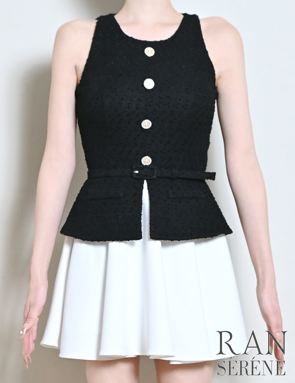 [即納][instock]【RAN SERENE】ミニ/ドレス/ワンピース/ブラック/フレア/レイヤード風/柄/ツイード/ベルト