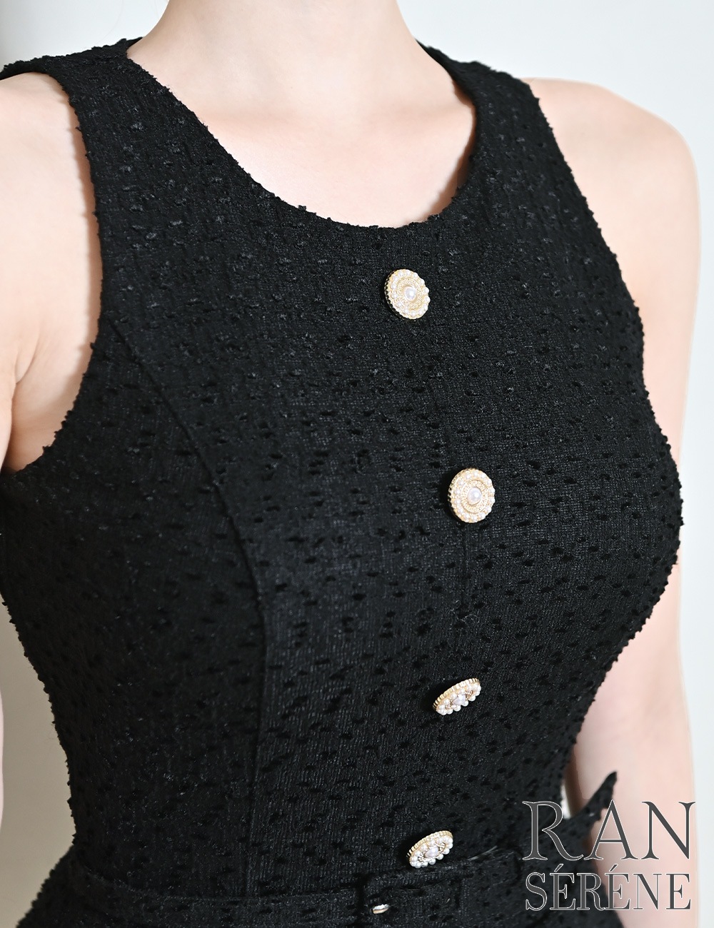 [即納][instock]【RAN SERENE】ミニ/ドレス/ワンピース/ブラック/フレア/レイヤード風/柄/ツイード/ベルト