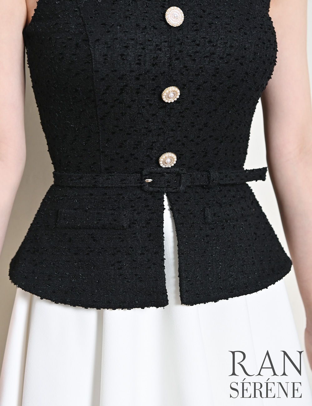 [即納][instock]【RAN SERENE】ミニ/ドレス/ワンピース/ブラック/フレア/レイヤード風/柄/ツイード/ベルト