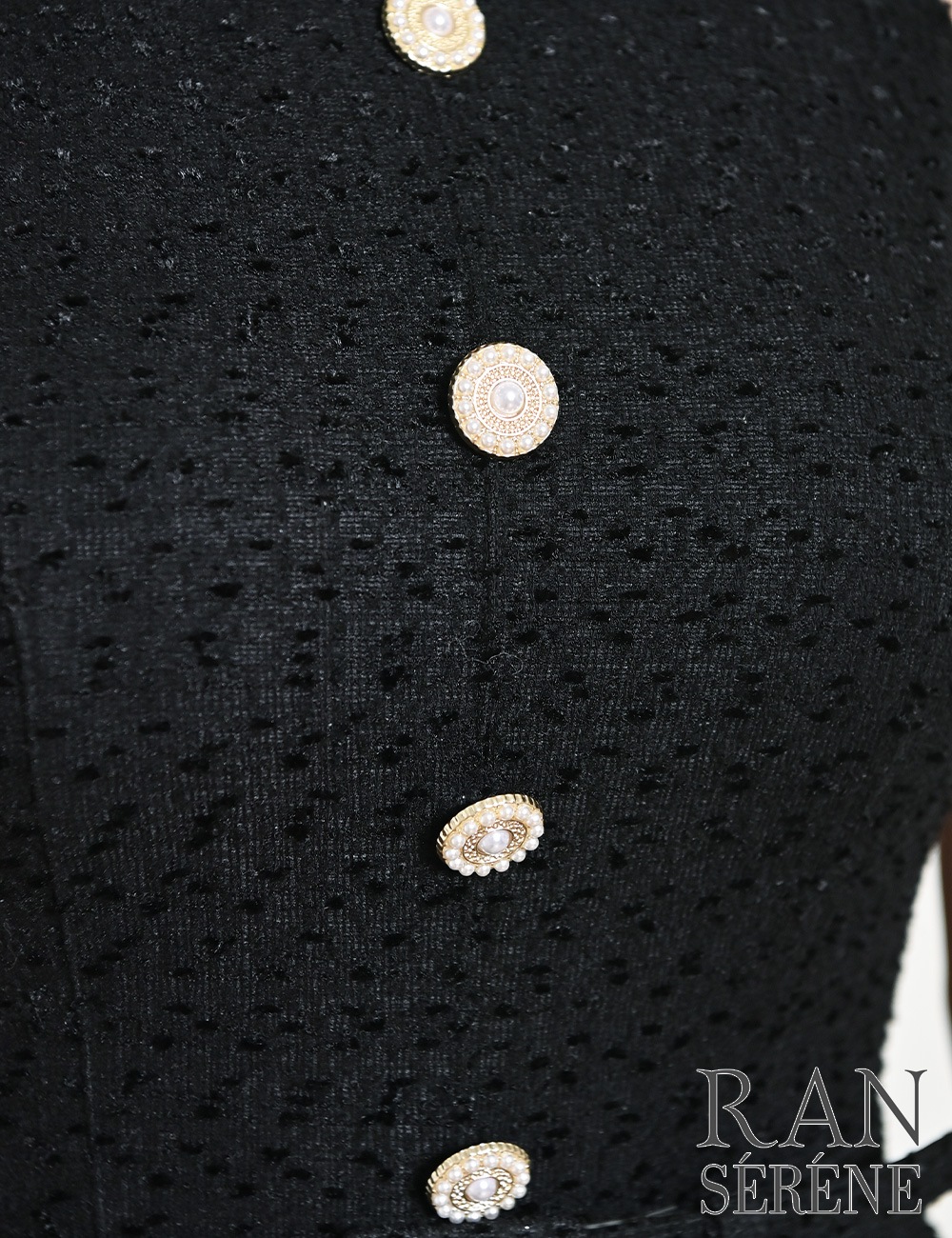 [即納][instock]【RAN SERENE】ミニ/ドレス/ワンピース/ブラック/フレア/レイヤード風/柄/ツイード/ベルト