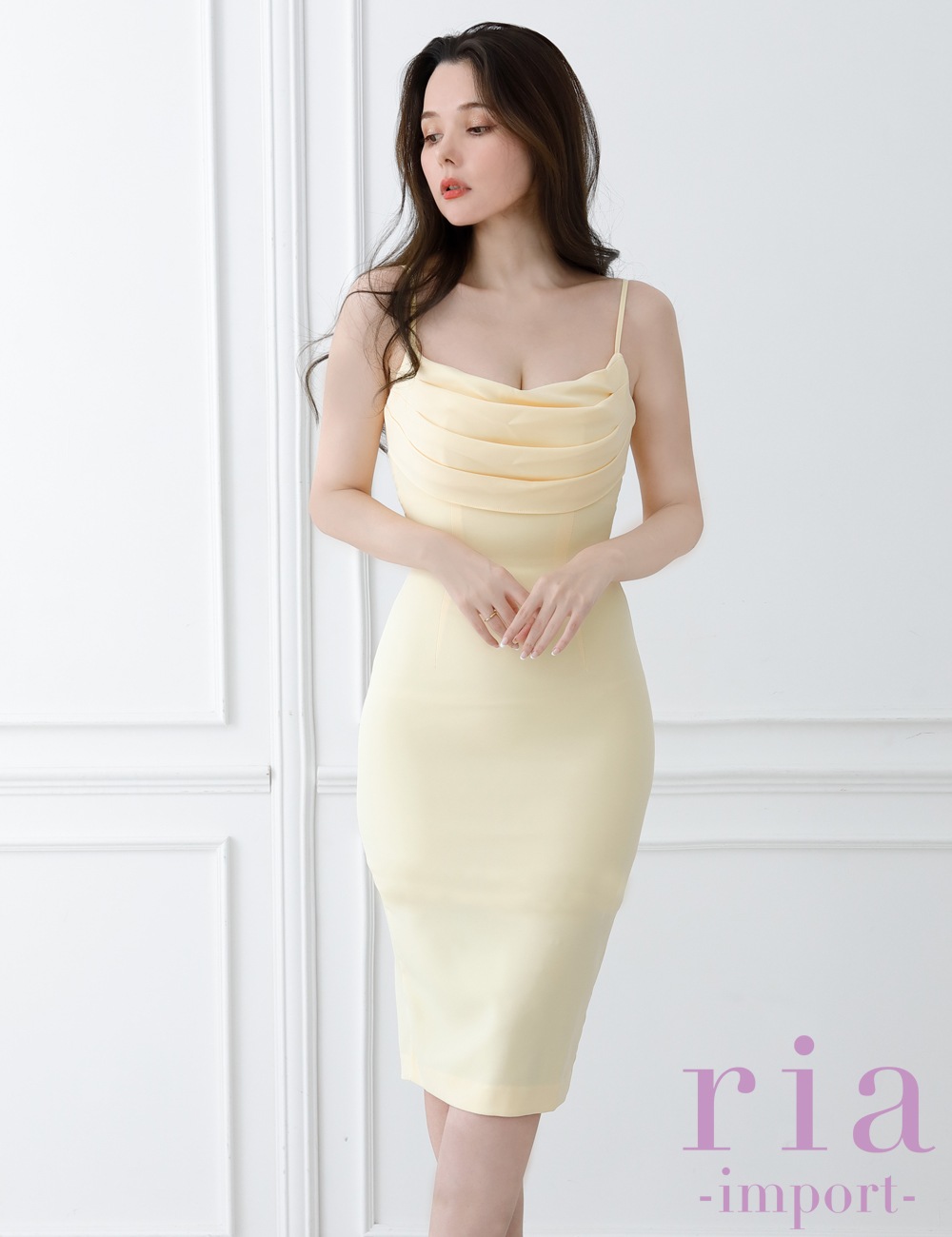 【ria】丈長/ドレス/ワンピース/キャミ/イエロー/バストドレープ/タイト