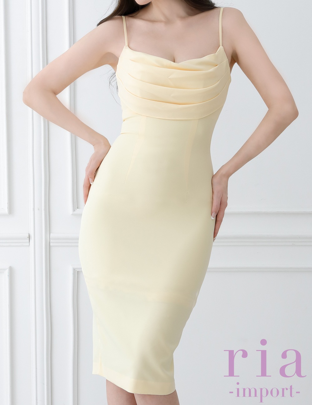 【ria】丈長/ドレス/ワンピース/キャミ/イエロー/バストドレープ/タイト
