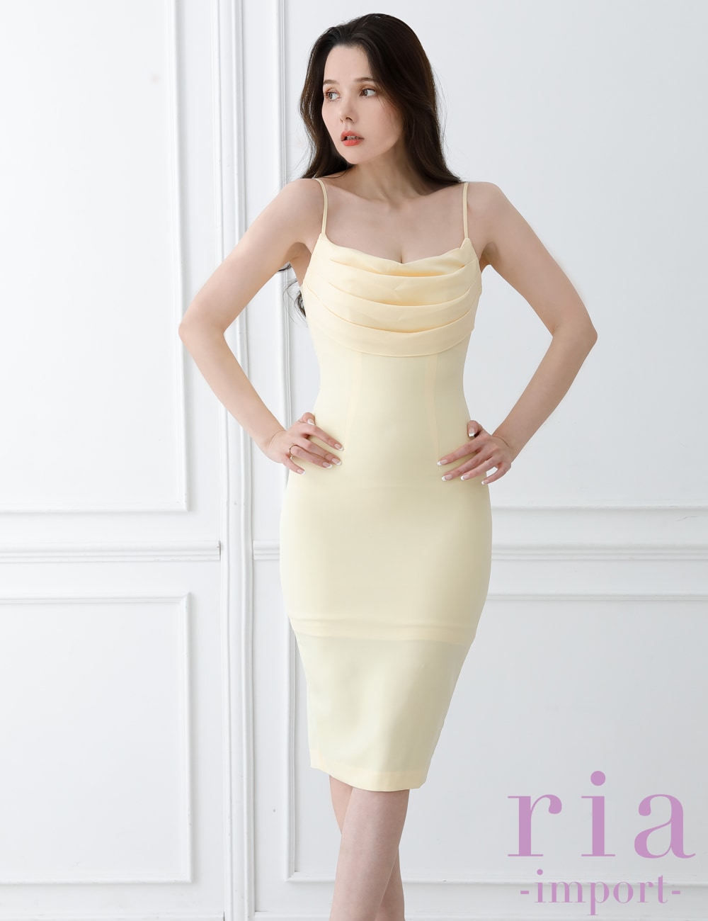 【ria】丈長/ドレス/ワンピース/キャミ/イエロー/バストドレープ/タイト