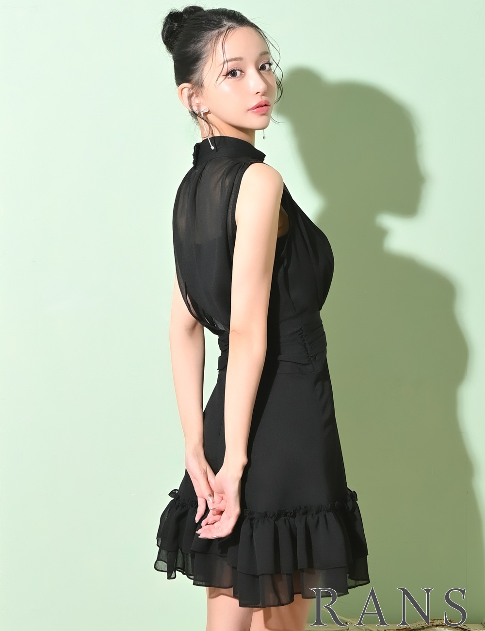 [即納][instock]【RANS】ミニ/ドレス/ワンピース/ブラック/ハイネック/フレア/シフォン