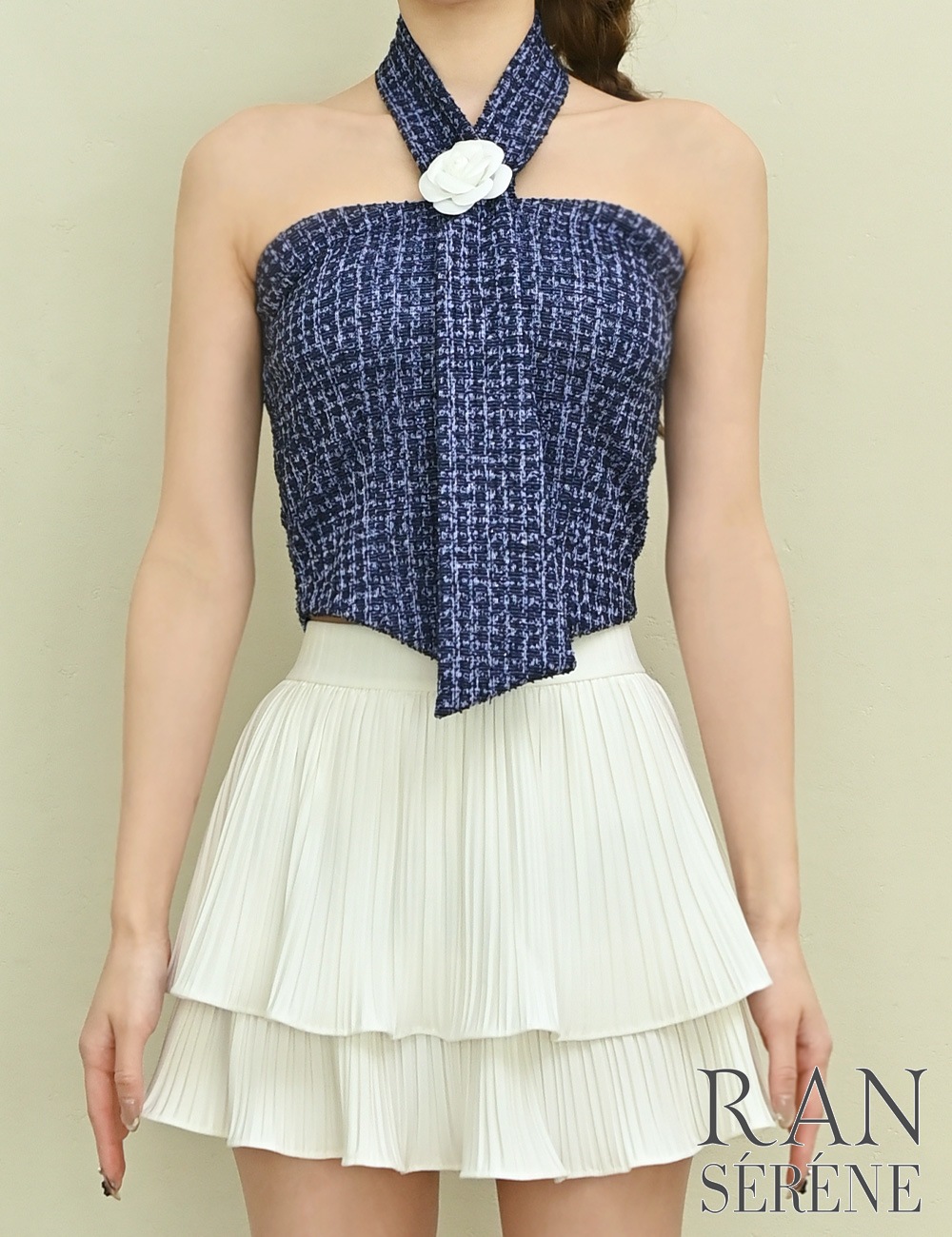 [即納][instock]【RAN SERENE】ミニ/ドレス/セットアップ/ネイビー/ホワイト/ホルターネック/フレア/柄/ツイード/コサージュ/ローズ
