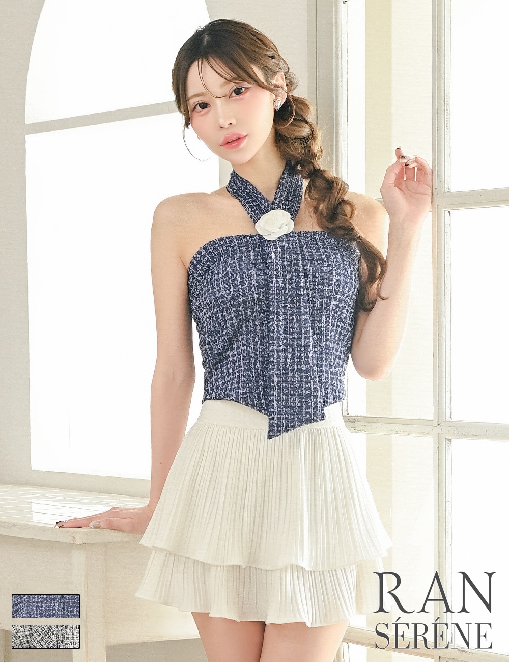 [即納][instock]【RAN SERENE】ミニ/ドレス/セットアップ/ネイビー/ホワイト/ホルターネック/フレア/柄/ツイード/コサージュ/ローズ