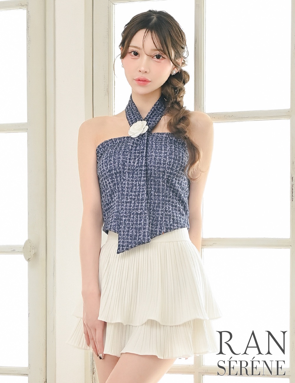 [即納][instock]【RAN SERENE】ミニ/ドレス/セットアップ/ネイビー/ホワイト/ホルターネック/フレア/柄/ツイード/コサージュ/ローズ