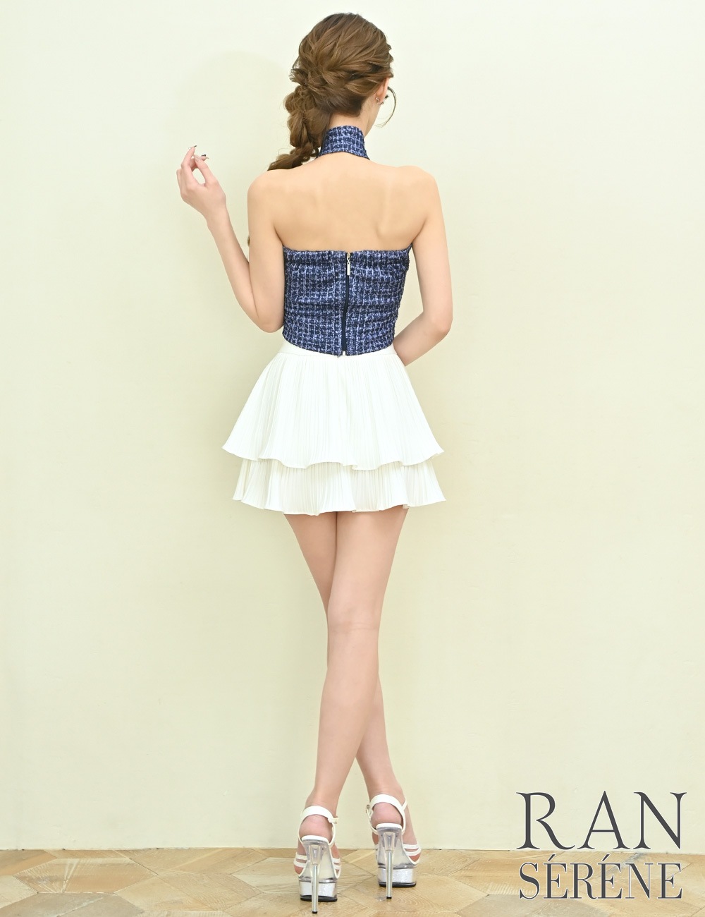 [即納][instock]【RAN SERENE】ミニ/ドレス/セットアップ/ネイビー/ホワイト/ホルターネック/フレア/柄/ツイード/コサージュ/ローズ
