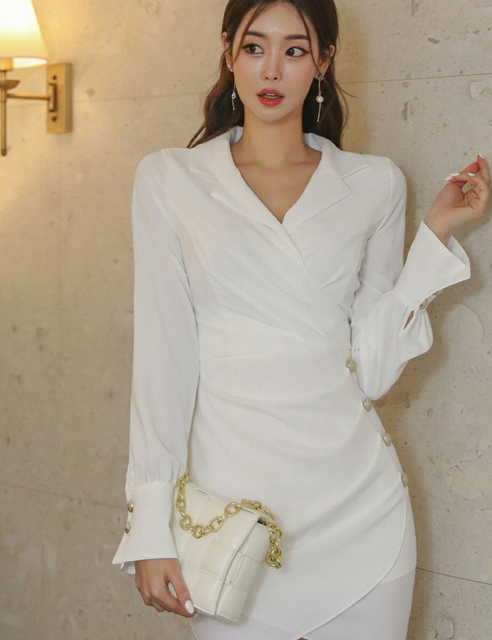 Aidmax ミニ ドレス ワンピース ホワイト 袖あり 長袖 S M 韓国 ドレス通販 Shape ミニドレス 公式通販 Aidmaxgirlsstyle