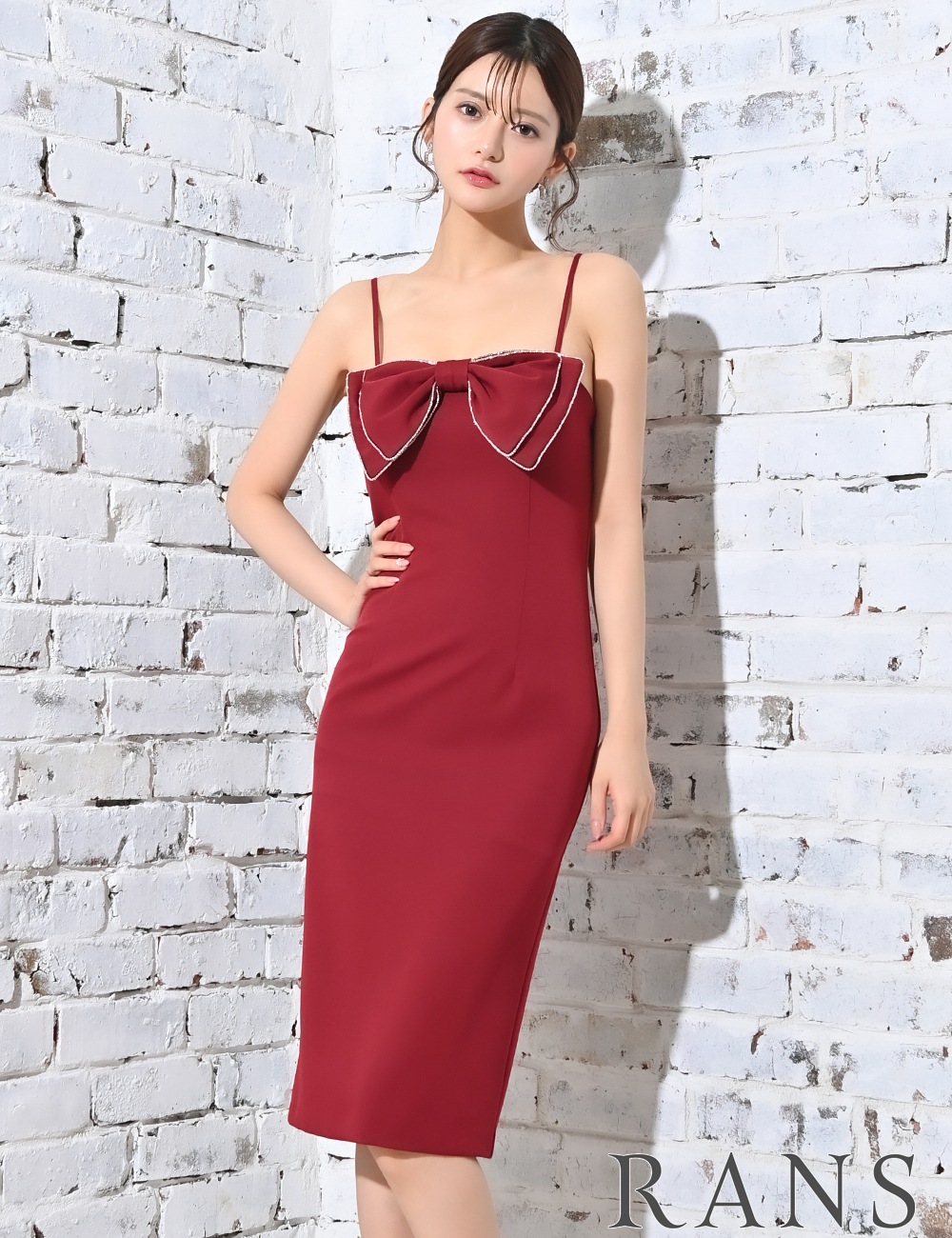 [Sのみ即納][instock]【RANS】丈長/ドレス/ワンピース/レッド/タイト/リボン