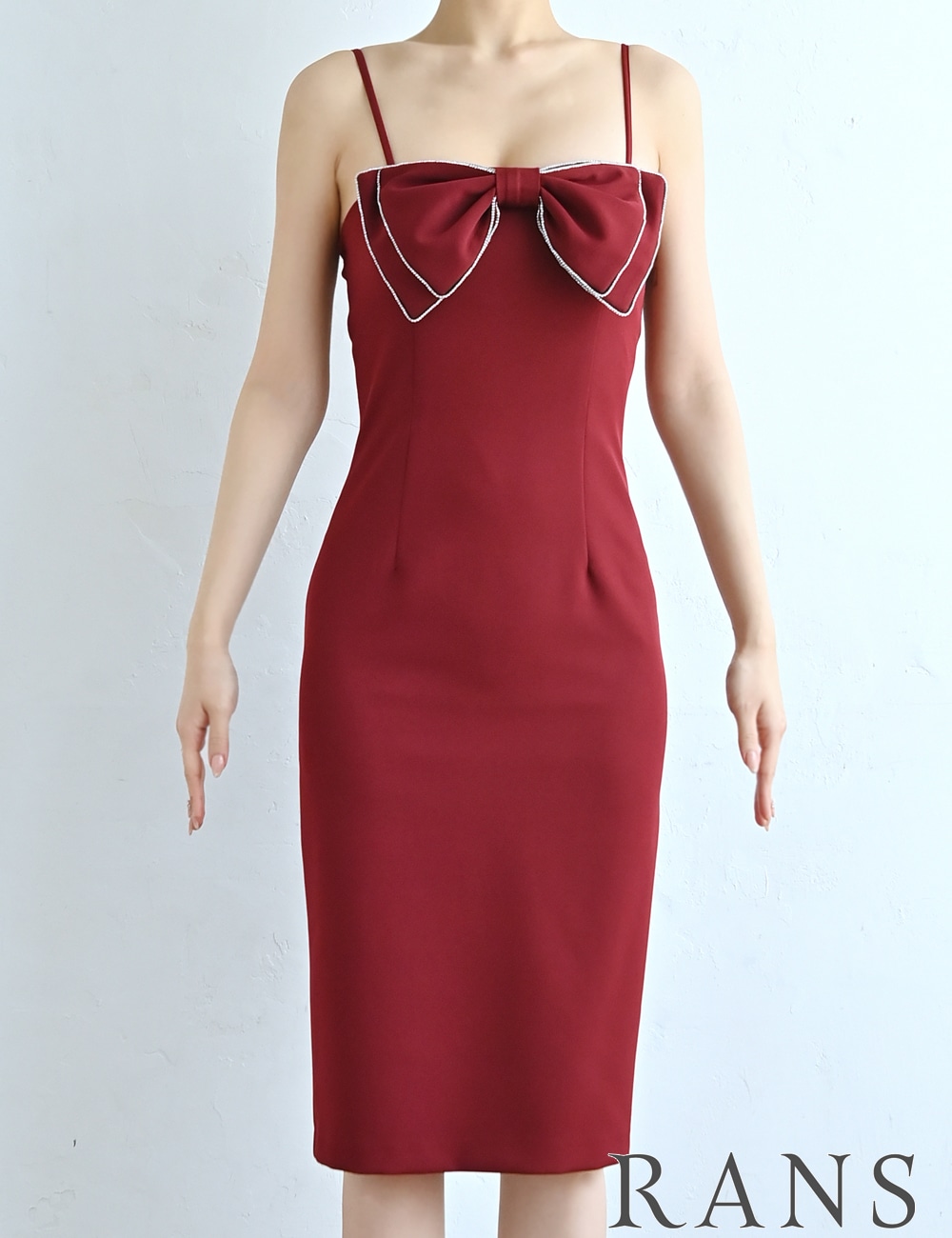 [Sのみ即納][instock]【RANS】丈長/ドレス/ワンピース/レッド/タイト/リボン