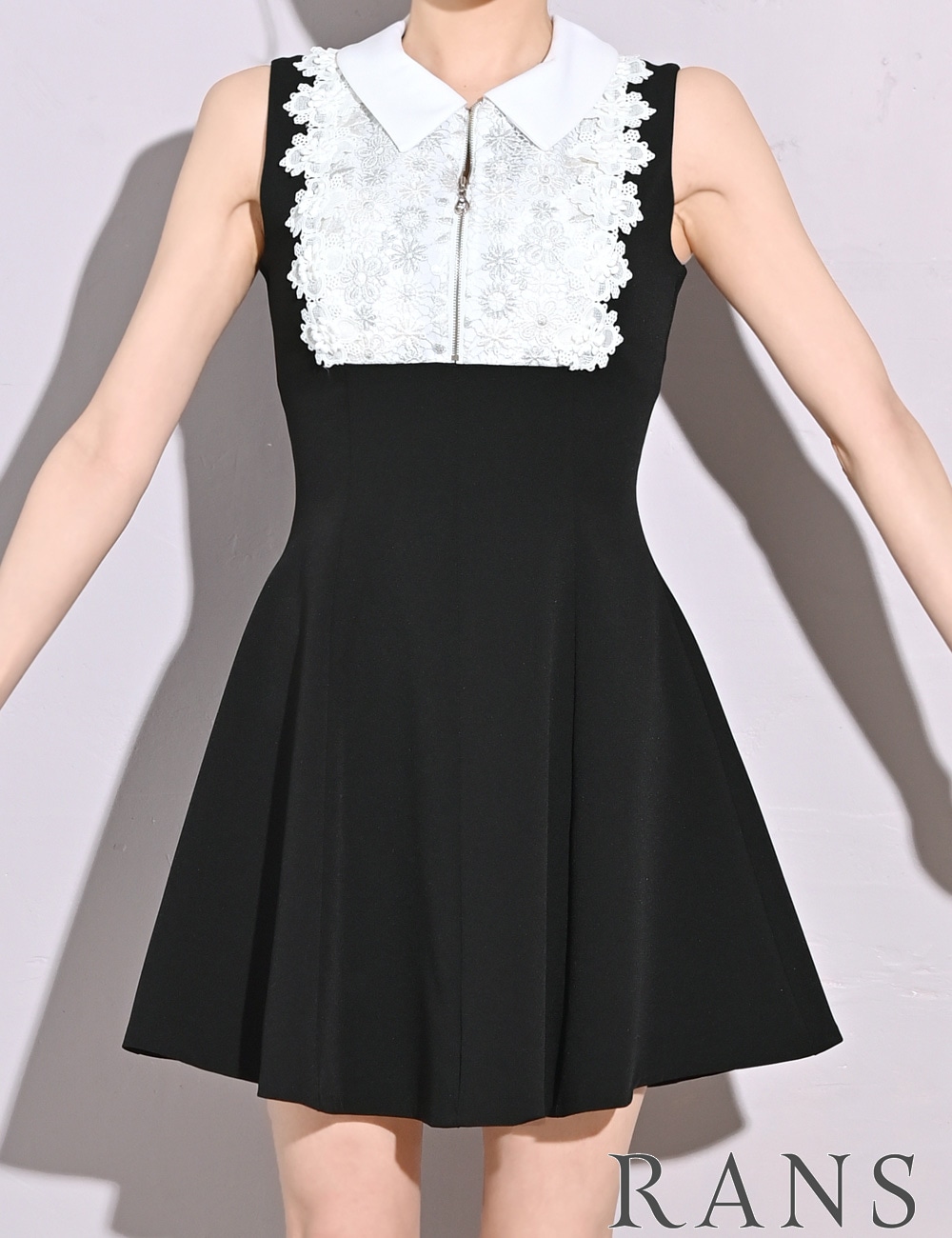 [Sのみ即納][instock]【RANS】ミニ/ドレス/ワンピース/フレア/ブラック/襟付き/レース
