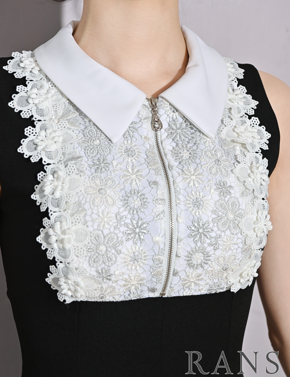 [Sのみ即納][instock]【RANS】ミニ/ドレス/ワンピース/フレア/ブラック/襟付き/レース