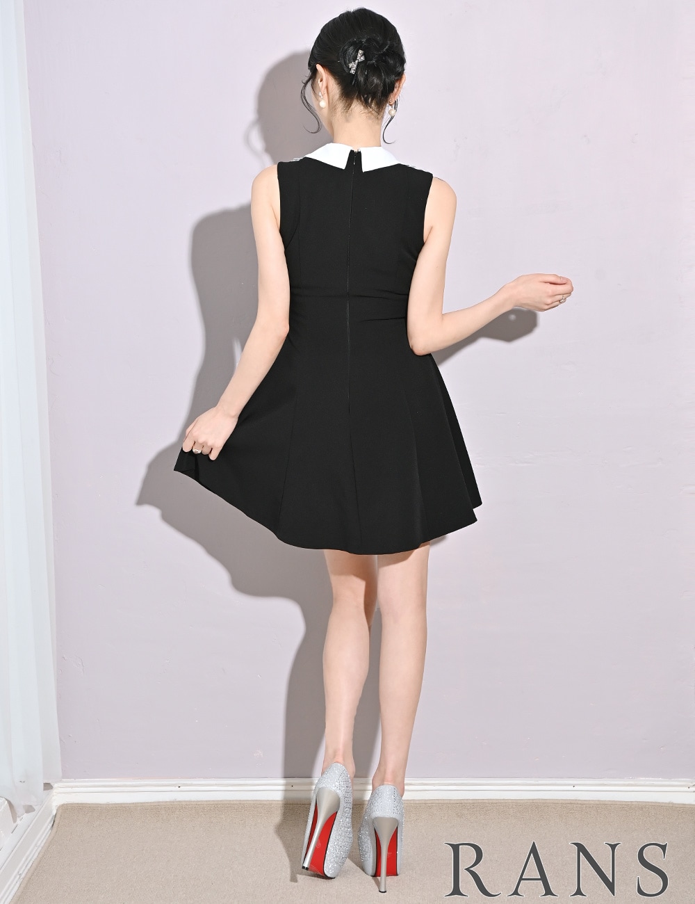 [Sのみ即納][instock]【RANS】ミニ/ドレス/ワンピース/フレア/ブラック/襟付き/レース