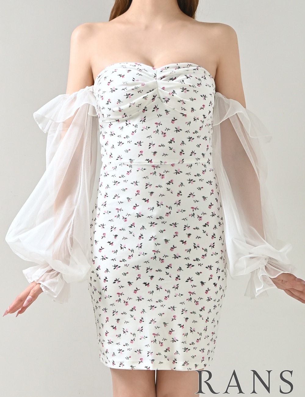 [即納][instock]【RANS】ミニ/ドレス/ワンピース/ホワイト/ベア/オフショル/袖あり/長袖/ベロア/シフォン/花柄