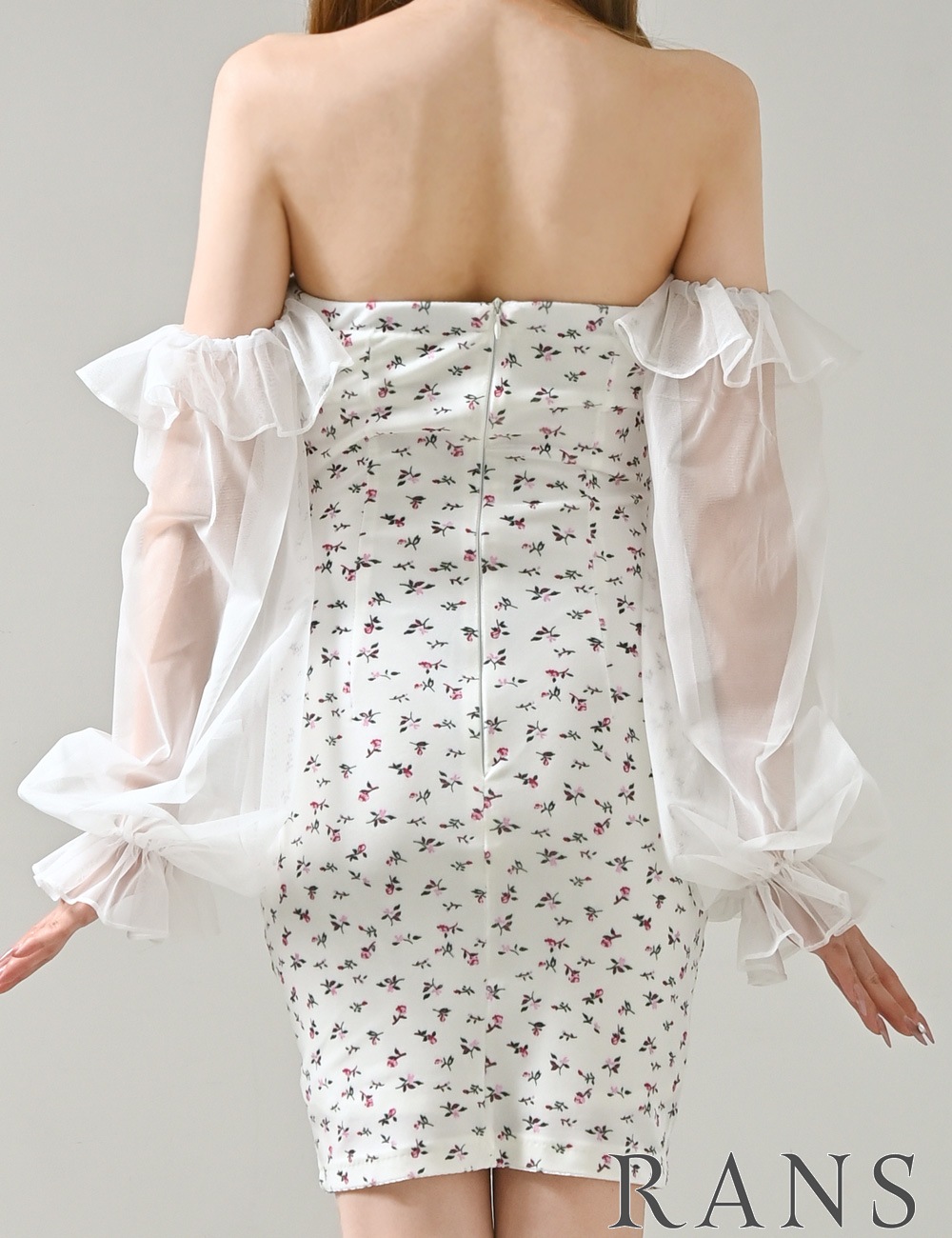 [即納][instock]【RANS】ミニ/ドレス/ワンピース/ホワイト/ベア/オフショル/袖あり/長袖/ベロア/シフォン/花柄