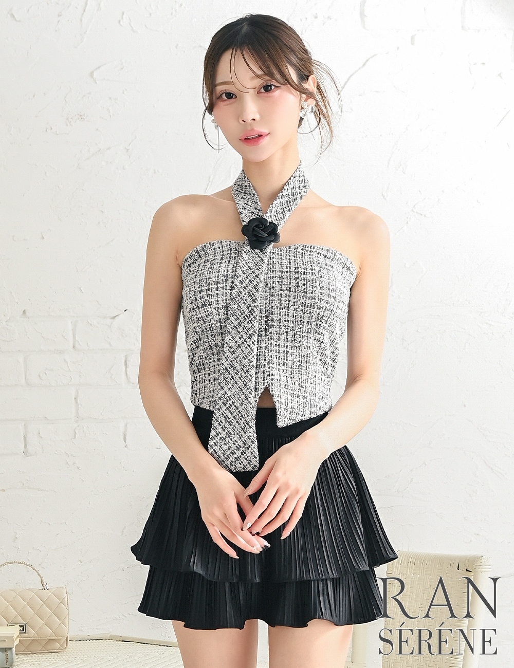 [即納][instock]【RAN SERENE】ミニ/ドレス/セットアップ/ブラック/ホルターネック/フレア/柄/ツイード/コサージュ/ローズ