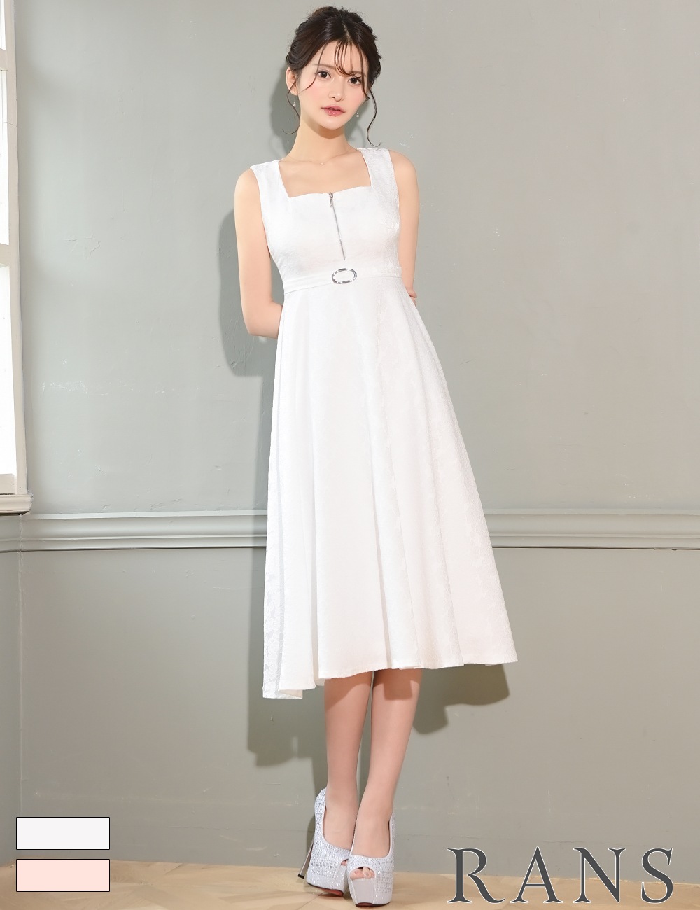 【RANS】ロング/丈長/ドレス/フレア/ホワイト/ドット/ホルターネック Mのみ即納][instock]【RANS】ロング/丈長/ドレス/フレア