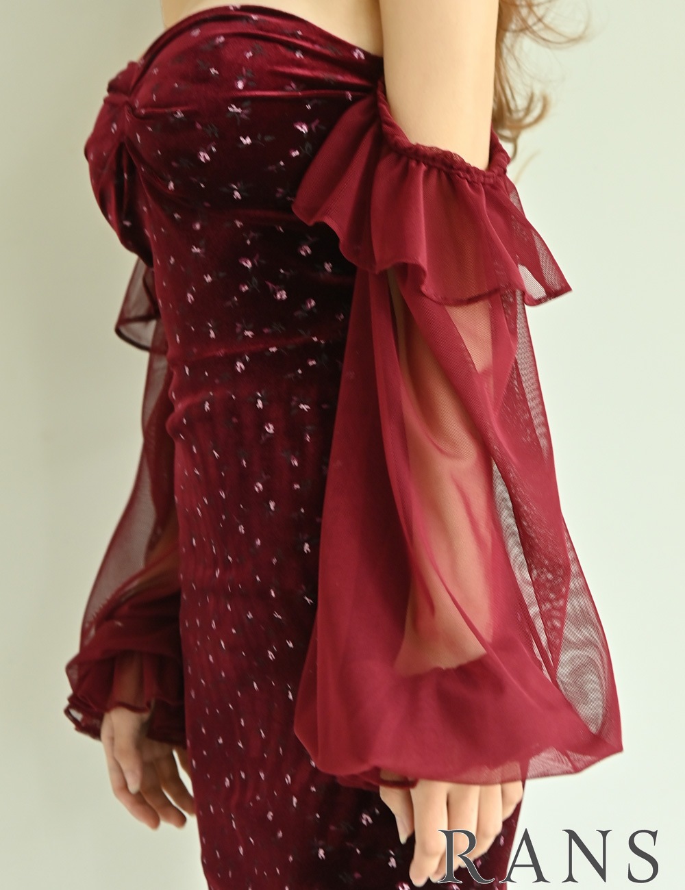 [即納][instock]【RANS】ミニ/ドレス/ワンピース/レッド/ベア/オフショル/袖あり/長袖/ベロア/シフォン/花柄