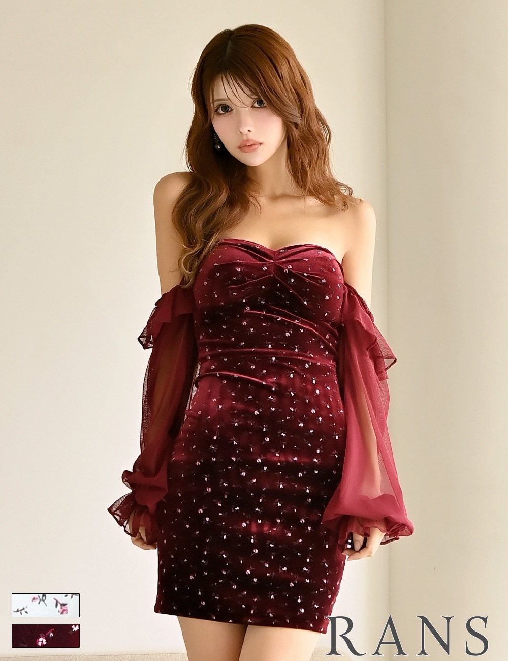 [即納][instock]【RANS】ミニ/ドレス/ワンピース/レッド/ベア/オフショル/袖あり/長袖/ベロア/シフォン/花柄