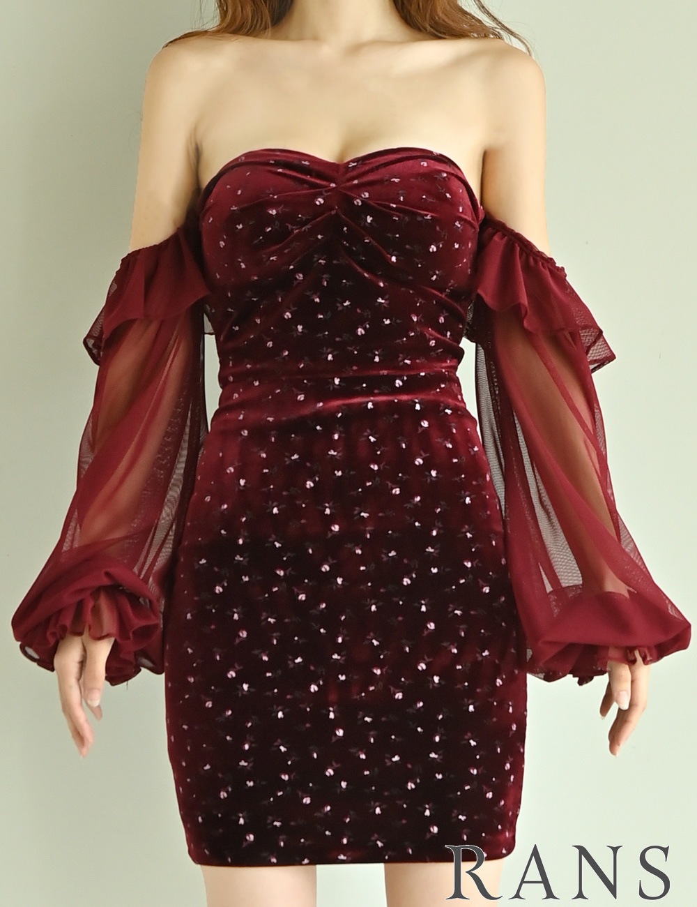 [即納][instock]【RANS】ミニ/ドレス/ワンピース/レッド/ベア/オフショル/袖あり/長袖/ベロア/シフォン/花柄