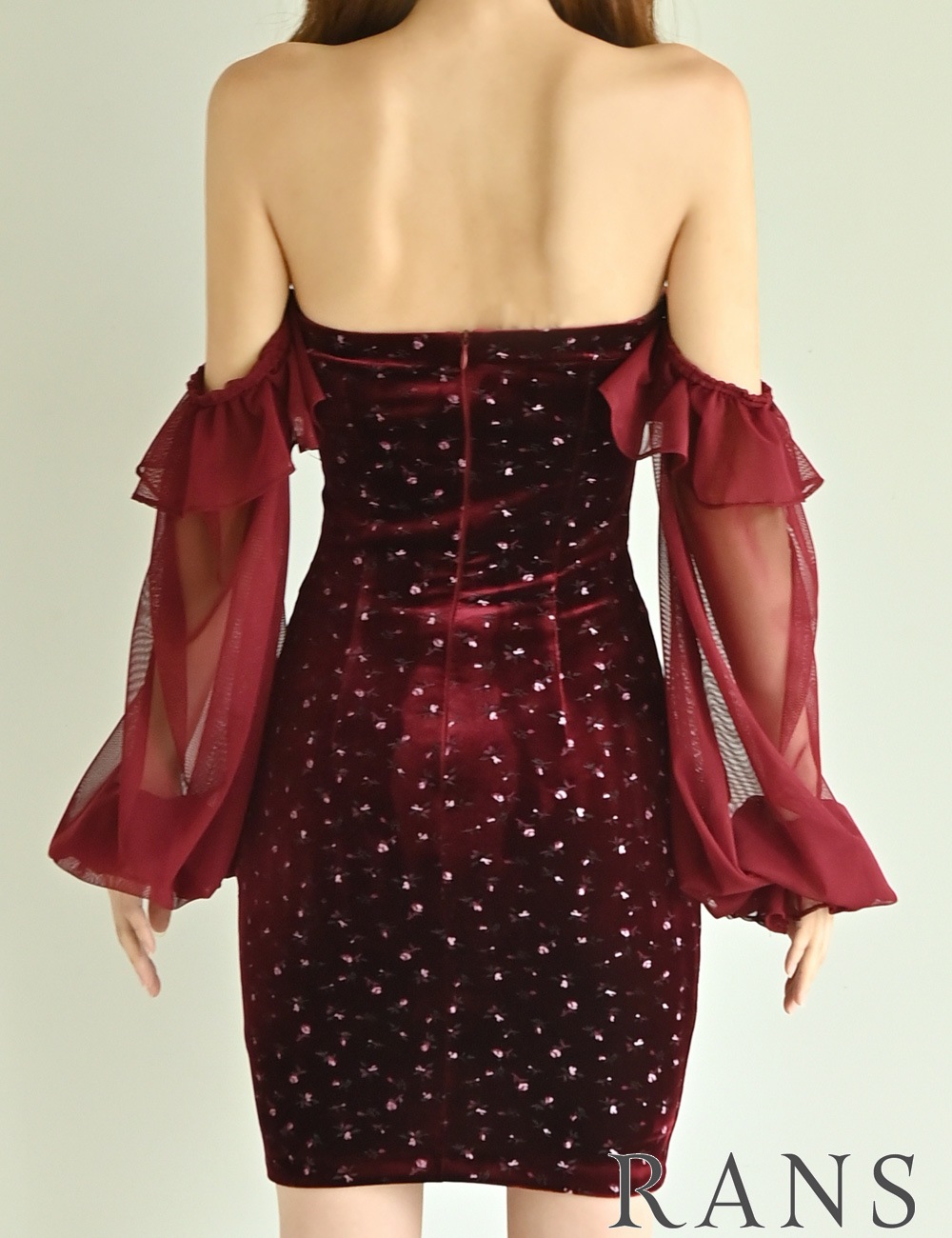 [即納][instock]【RANS】ミニ/ドレス/ワンピース/レッド/ベア/オフショル/袖あり/長袖/ベロア/シフォン/花柄